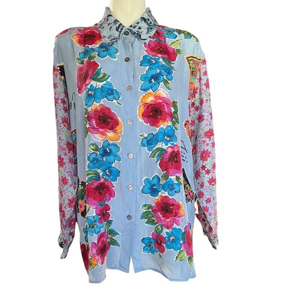 Carole Little Womens Silk Button-Up Shirt Dress 14 Island Prints Long Sleeve 80s - Picture 2 of 16